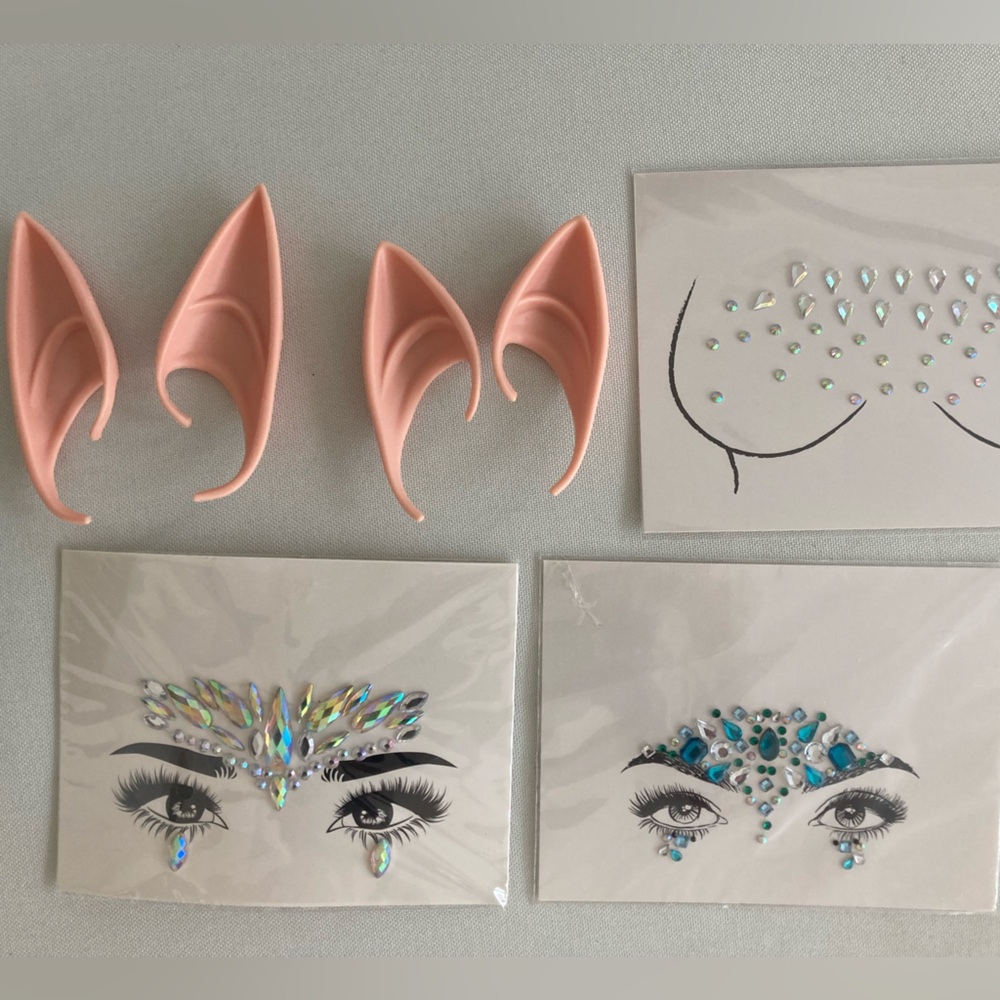 Set Of 2 Elf Ears Cosplay Festival Face Jewel Body Gem Accessories Bundle